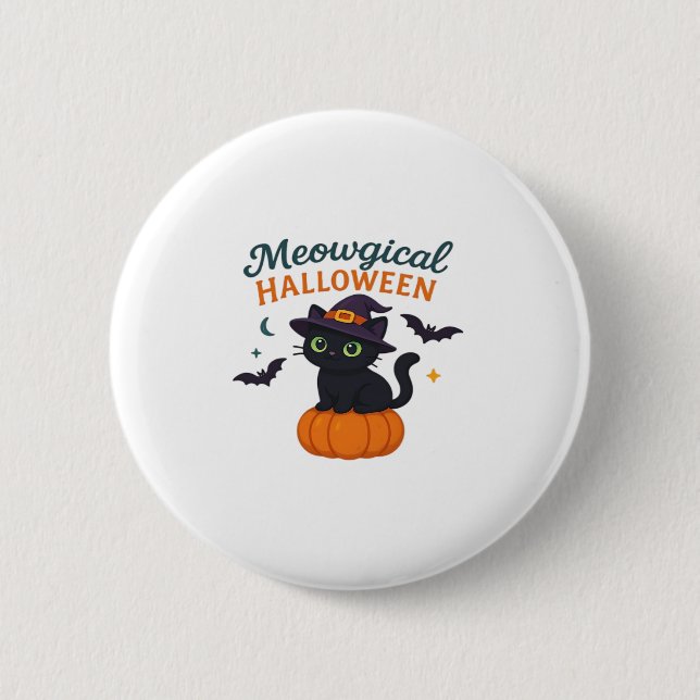 Cute Black Cat with Glowing Green Eyes on Pumpkin  6 Cm Round Badge (Front)
