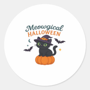 Cute Black Cat with Glowing Green Eyes on Pumpkin  Classic Round Sticker