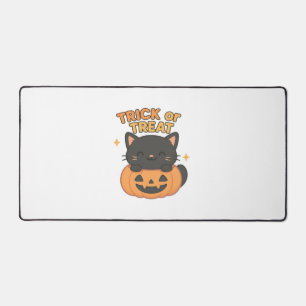Cute Black Cat with Glowing Green Eyes on Pumpkin  Desk Mat
