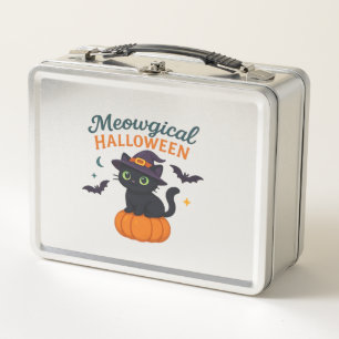 Cute Black Cat with Glowing Green Eyes on Pumpkin Metal Lunch Box