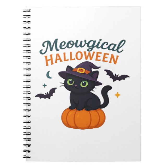 Cute Black Cat with Glowing Green Eyes on Pumpkin  Notebook (Front)