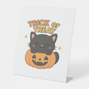 Cute Black Cat with Glowing Green Eyes on Pumpkin Pedestal Sign