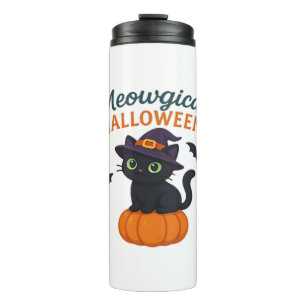 Cute Black Cat with Glowing Green Eyes on Pumpkin Thermal Tumbler