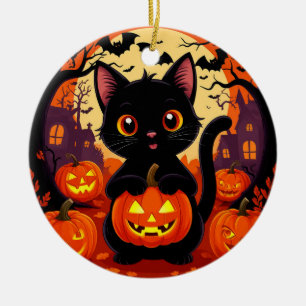 Cute Black Cat with Halloween Pumpkins Ceramic Tree Decoration