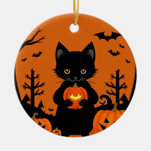 Cute Black Cat with Halloween Pumpkins Ceramic Tree Decoration
