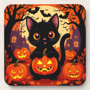 Cute Black Cat with Halloween Pumpkins Coaster