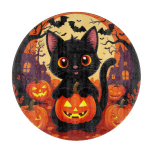 Cute Black Cat with Halloween Pumpkins Cutting Board