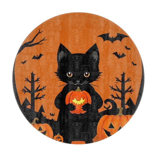 Cute Black Cat with Halloween Pumpkins Cutting Board (Front)