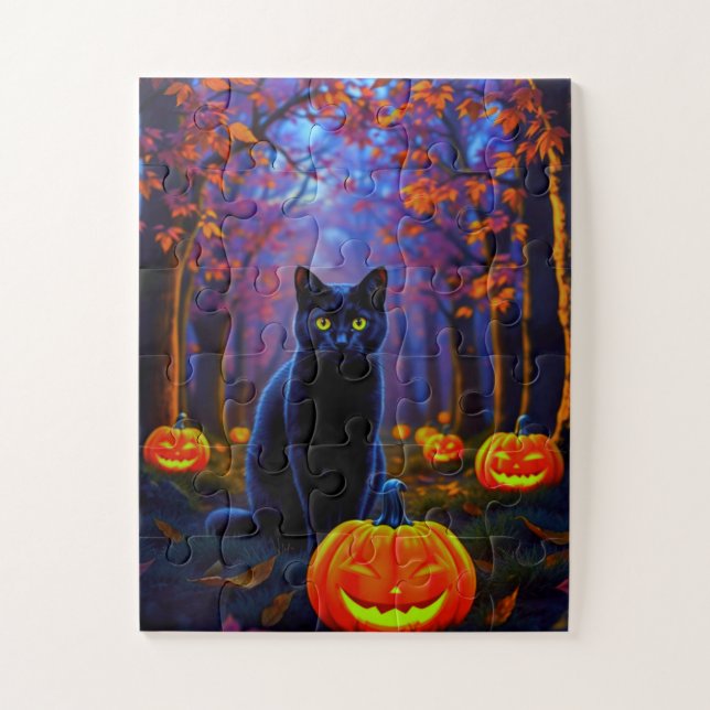 Cute Black Cat with Halloween Pumpkins Jigsaw Puzzle (Vertical)