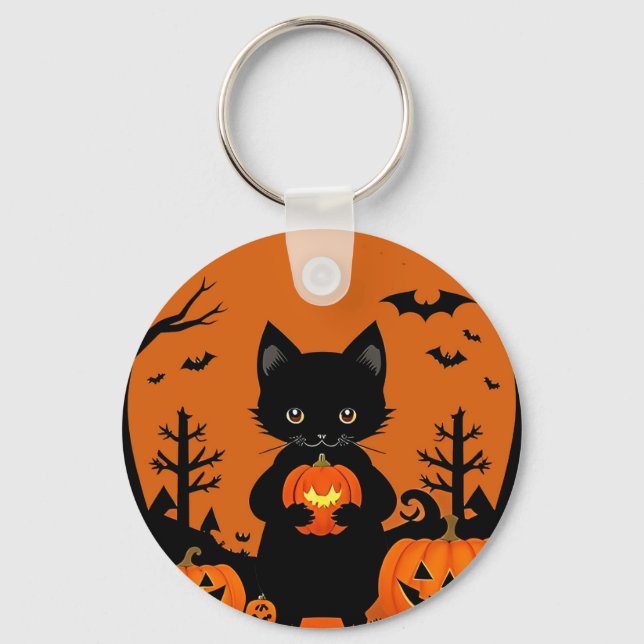 Cute Black Cat with Halloween Pumpkins Key Ring (Front)