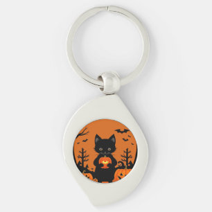 Cute Black Cat with Halloween Pumpkins Key Ring