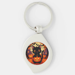 Cute Black Cat with Halloween Pumpkins Key Ring