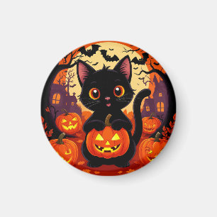 Cute Black Cat with Halloween Pumpkins Magnet