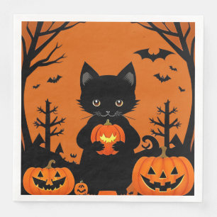 Cute Black Cat with Halloween Pumpkins Napkin