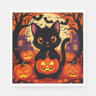 Cute Black Cat with Halloween Pumpkins Napkin