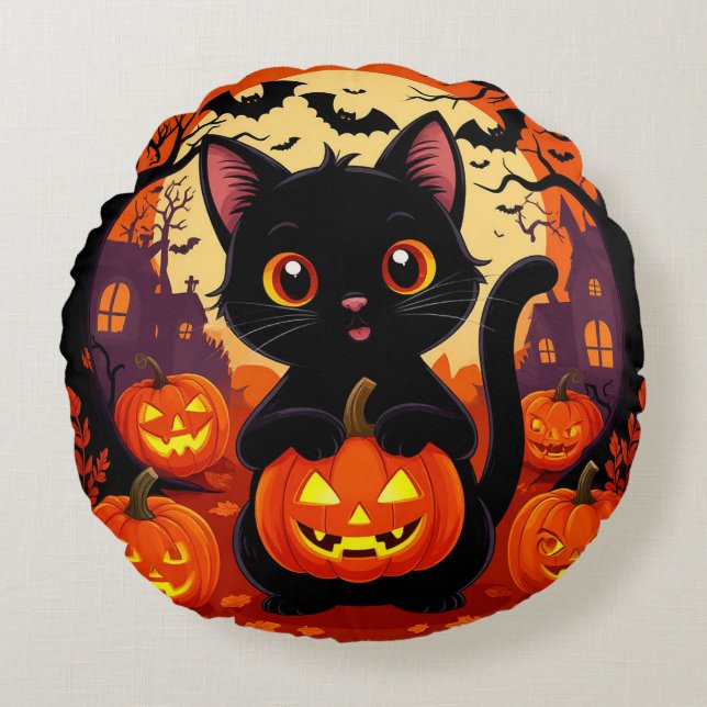 Cute Black Cat with Halloween Pumpkins Round Cushion (Front)