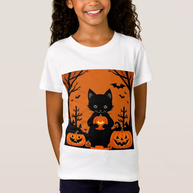 Cute Black Cat with Halloween Pumpkins T-Shirt (Front)