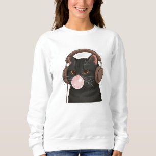 Cute Black Cat with Headphones Blowing Bubblegum  Sweatshirt