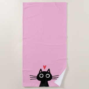 Cute Black Cat with Heart Beach Towel