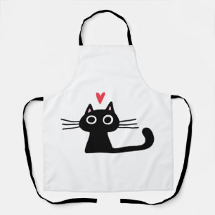Cute Black Cat with Heart Kitten Valentine Classi Apron