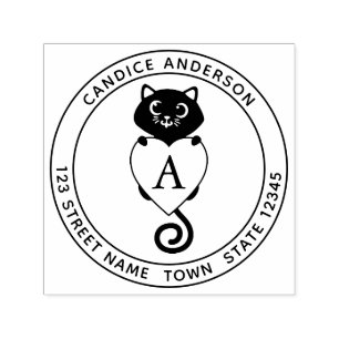 Cute Black Cat With Heart Monogram Self-inking Stamp