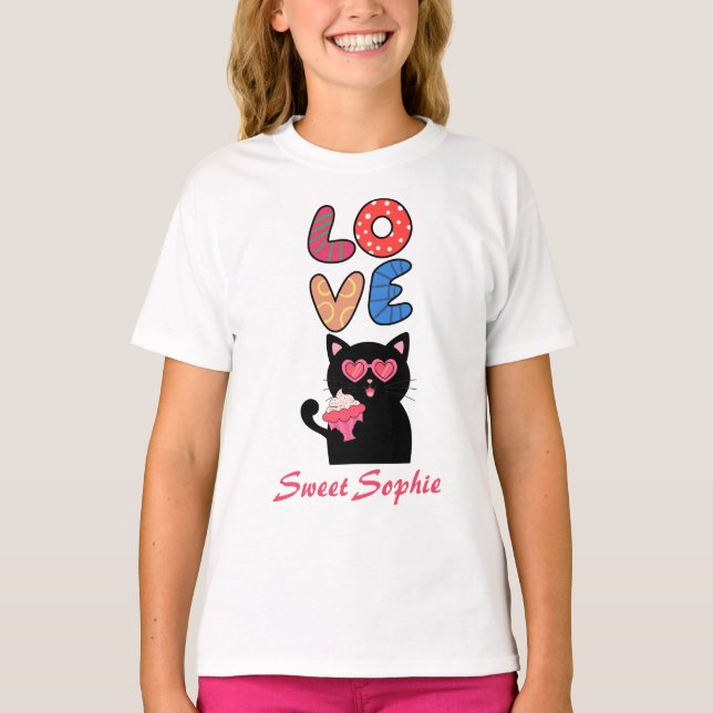 Cute Black Cat with Heart Sunglasses & Cupcake  T-Shirt (Front)