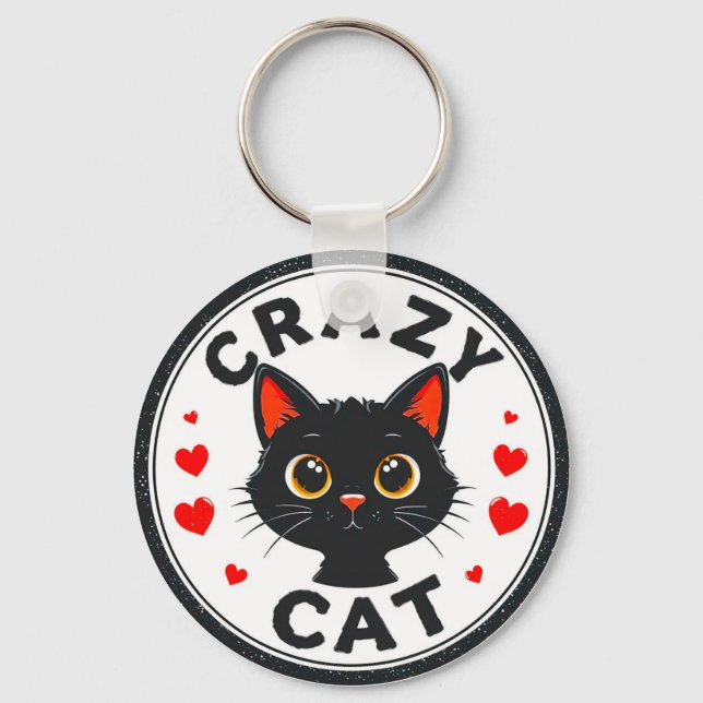 Cute Black Cat with Hearts Key Ring (Front)