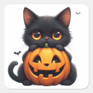 Cute Black Cat With Jack O Lantern Pumpkin Square Sticker