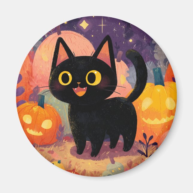 Cute Black Cat with Jack-o-Lanterns - Magnet (Front)