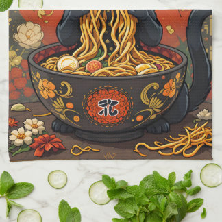 Cute Black Cat with Noodles Tea Towel