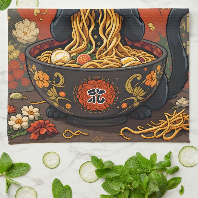 Cute Black Cat with Noodles Tea Towel (Folded)