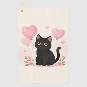 Cute black cat with pink hearts and flowers golf towel