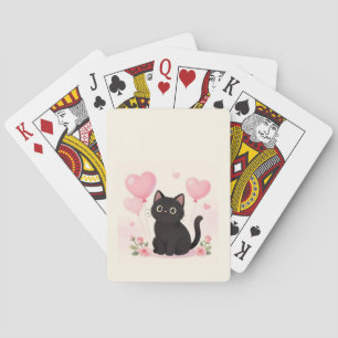 Cute black cat with pink hearts and flowers playing cards