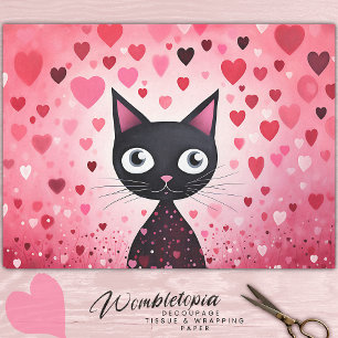 Cute Black Cat with Pink Hearts Decoupage Tissue Paper