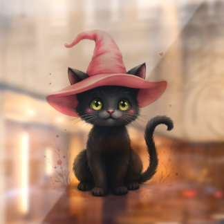 Cute Black Cat with Pink Witch Hat Halloween Windo