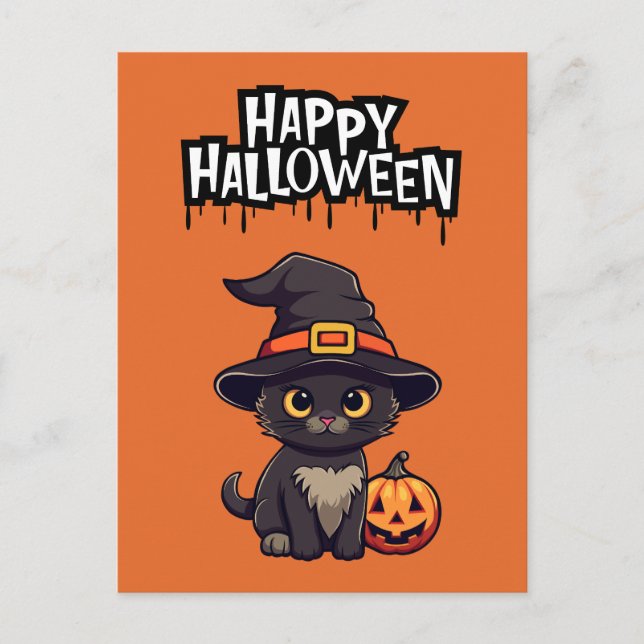 Cute Black Cat  With Pumpkin Jack O Lantern Postcard (Front)