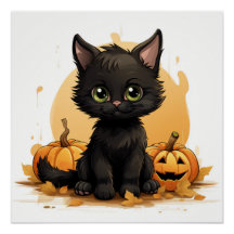 Cute Black Cat with Pumpkins