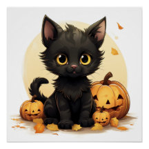 Cute Black Cat with Pumpkins