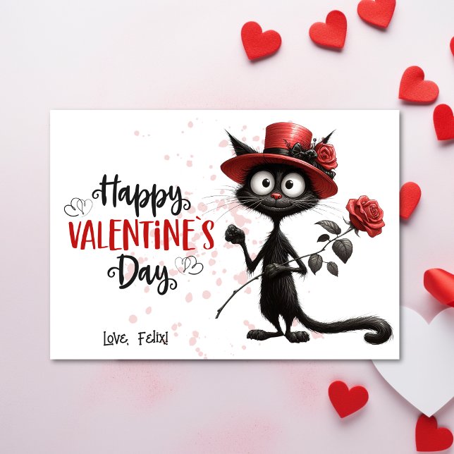 Cute Black Cat With Red Hat Happy Valentines Day  Holiday Card (Creator Uploaded)