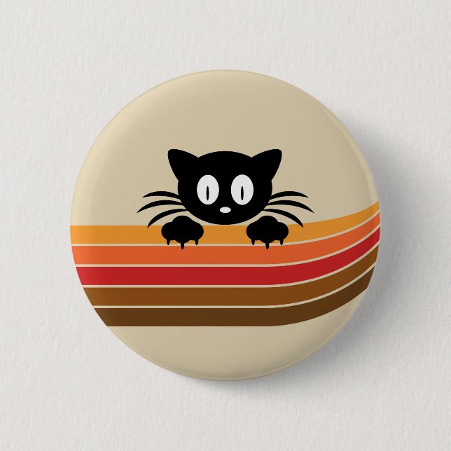 Cute black cat with retro stripes 6 cm round badge (Front)