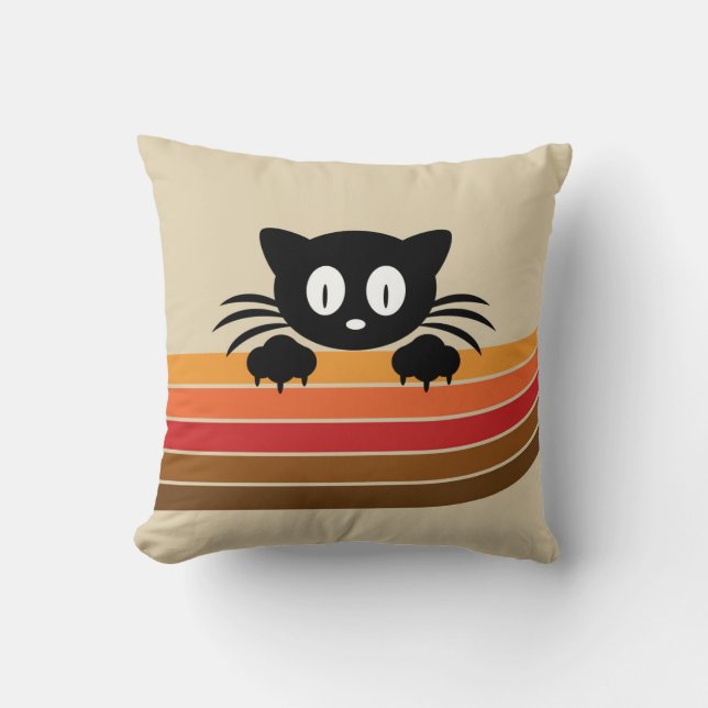 Cute black cat with retro stripes cushion (Front)