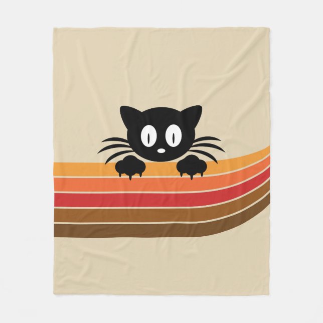 Cute black cat with retro stripes fleece blanket (Front)