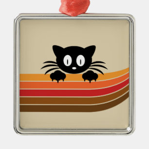 Cute black cat with retro stripes metal tree decoration