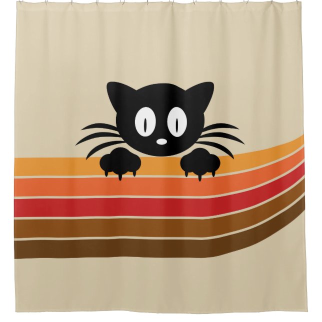 Cute black cat with retro stripes  shower curtain (Front)