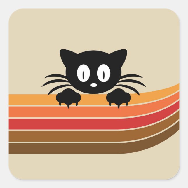 Cute black cat with retro stripes square sticker (Front)