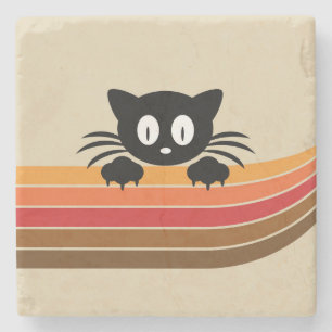 Cute black cat with retro stripes  stone coaster
