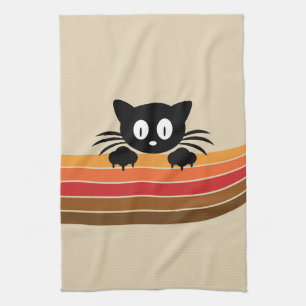 Cute black cat with retro stripes tea towel
