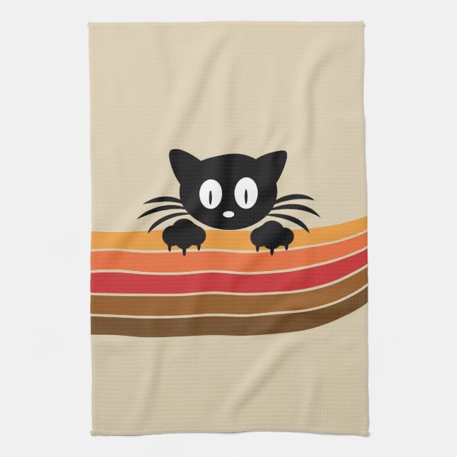 Cute black cat with retro stripes  tea towel (Vertical)