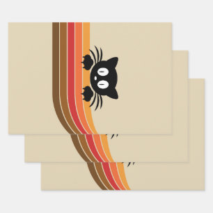 Cute black cat with retro stripes wrapping paper sheet