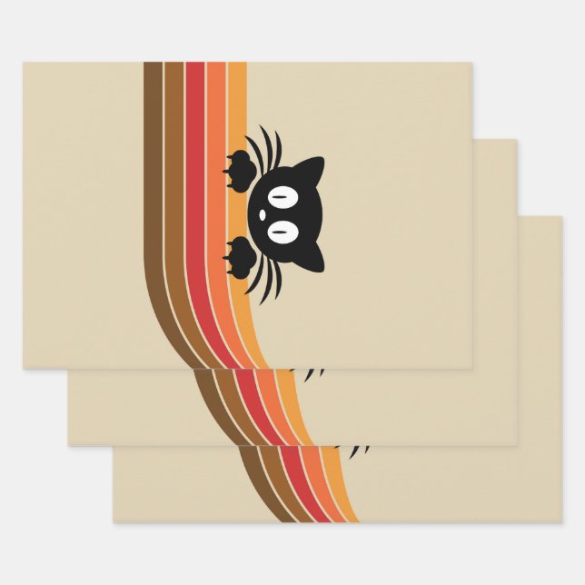 Cute black cat with retro stripes wrapping paper sheet (Set)